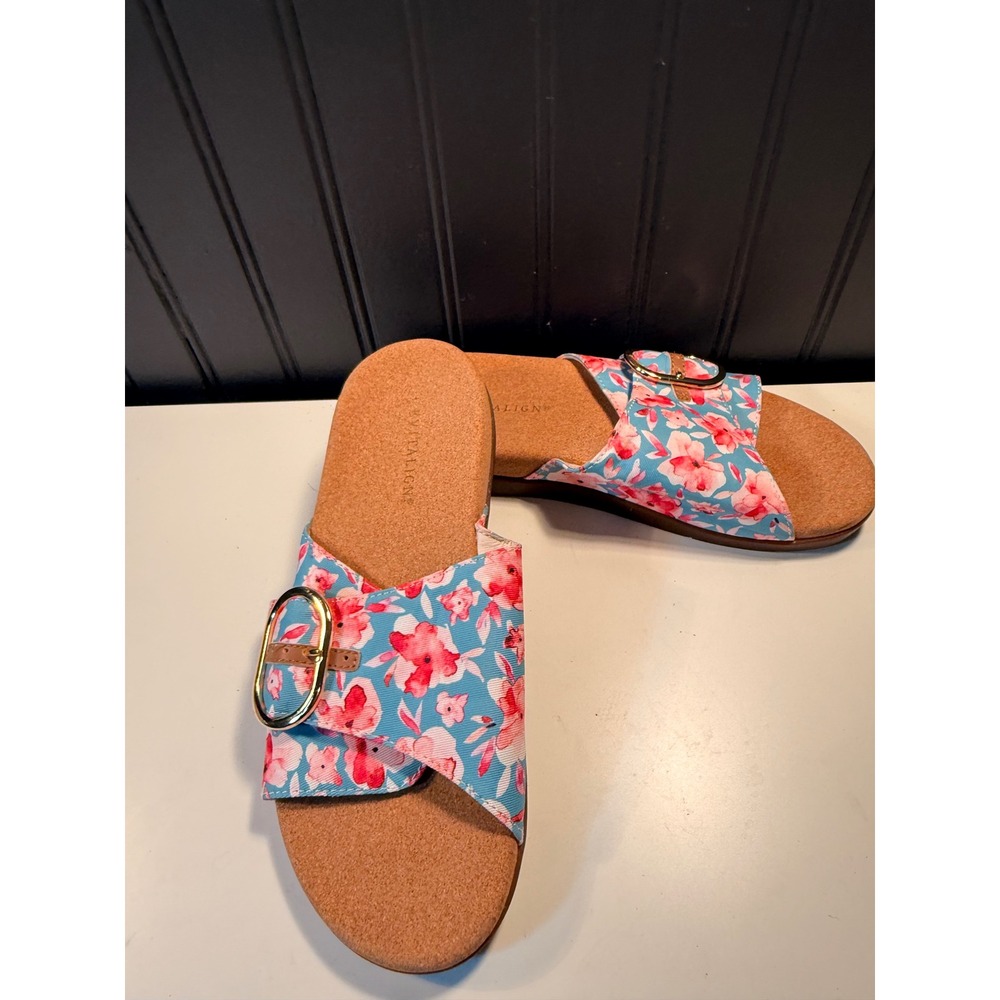 Revitalign Floral Orthotic Slide Sandals Blue Pink Gold Buckle Womens 7.5 B